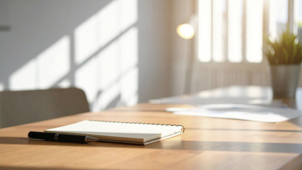 窓際の木製テーブルに置かれたノートとペン