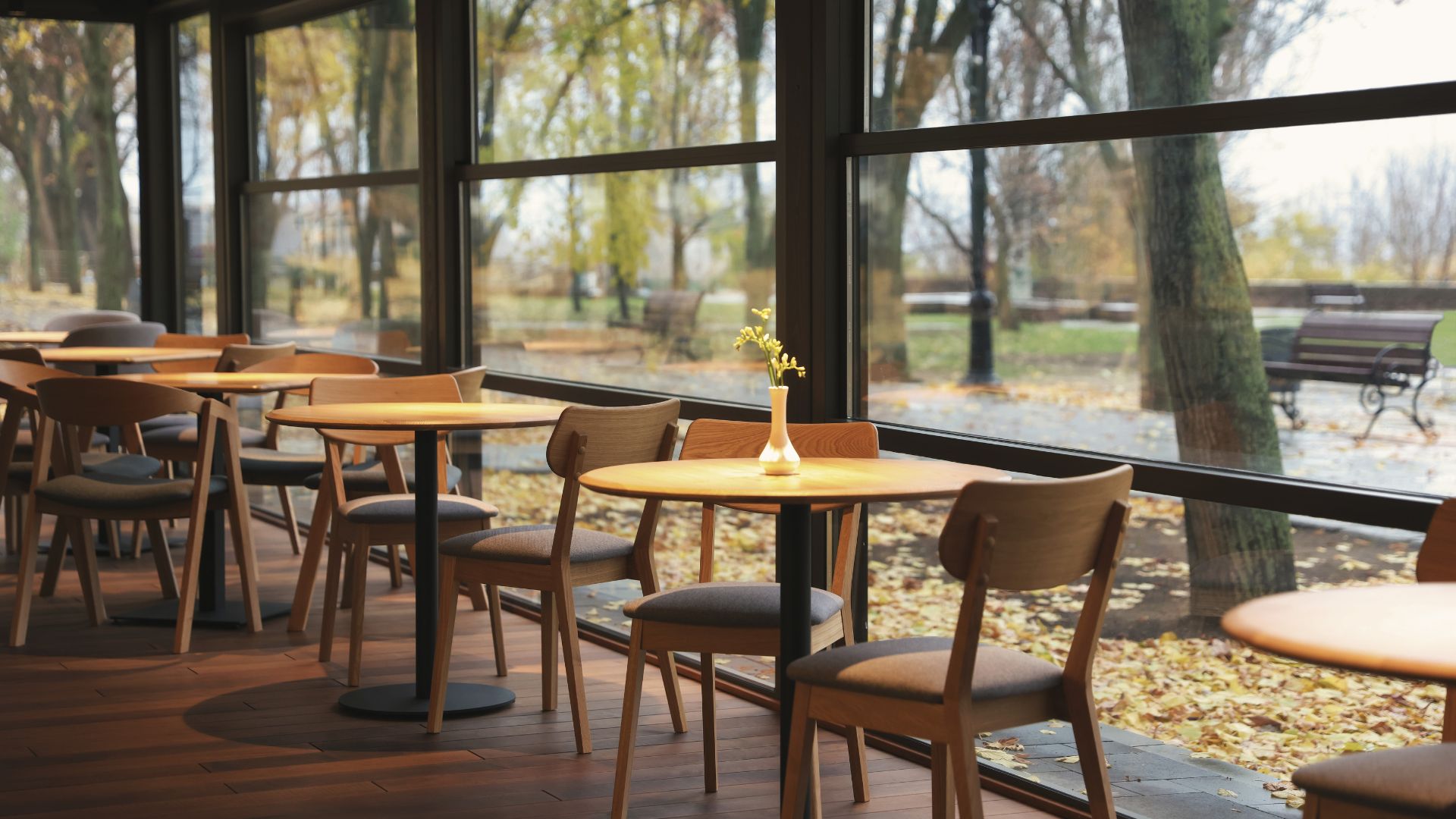 大きな窓と快適な家具がある、スタイリッシュなレストラン